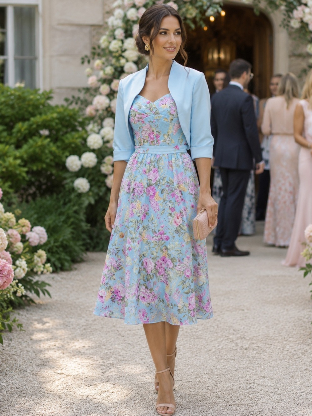 Azazie X Atelier SkyBlue Pink Floral Mist Lauren Dress & Bolero Jacket Set NWT 4